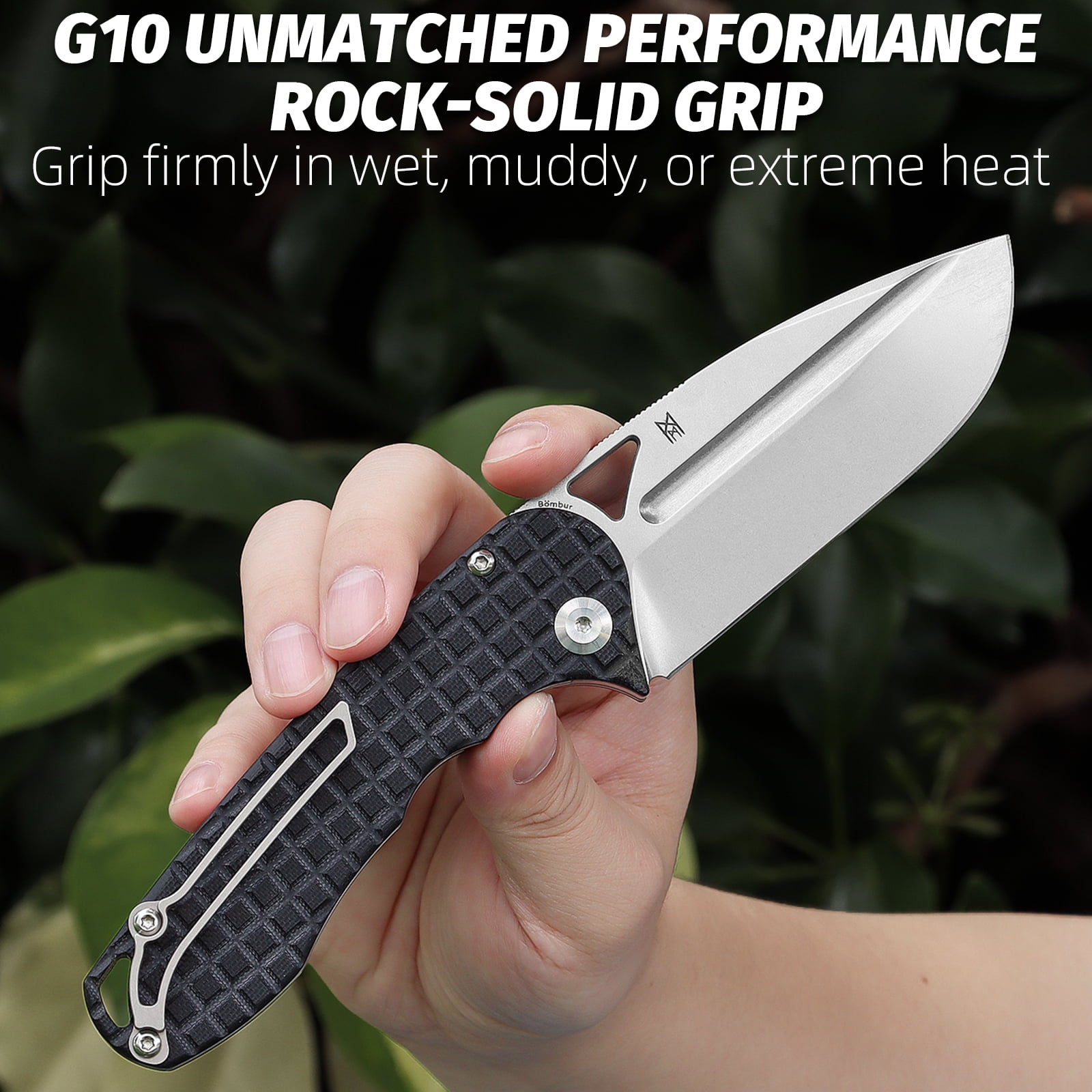 Tenable Bömbur Folding Pocket Knife 3.53'' Stonewashed D2 Blade,Black G10 with Frag Pattern Handle,T1054A1