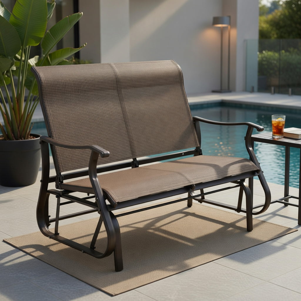 Hommoo 2-Person Steel Patio Glider Bench with High Back Support, Curved Ergonomic Armrests & Smooth Rocking Motion for Porch, Backyard, Garden, Brown