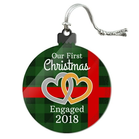 Christmas Tree Plaid Our First Christmas Engaged 2018 Hearts Green Plaid Acrylic Christmas Tree Holiday Ornament ()
