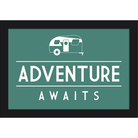 Adventure Awaits - Retro Camper - Simply Said - Lantern Press Artwork (18x12 Giclee Art Print, Gallery Framed, Black