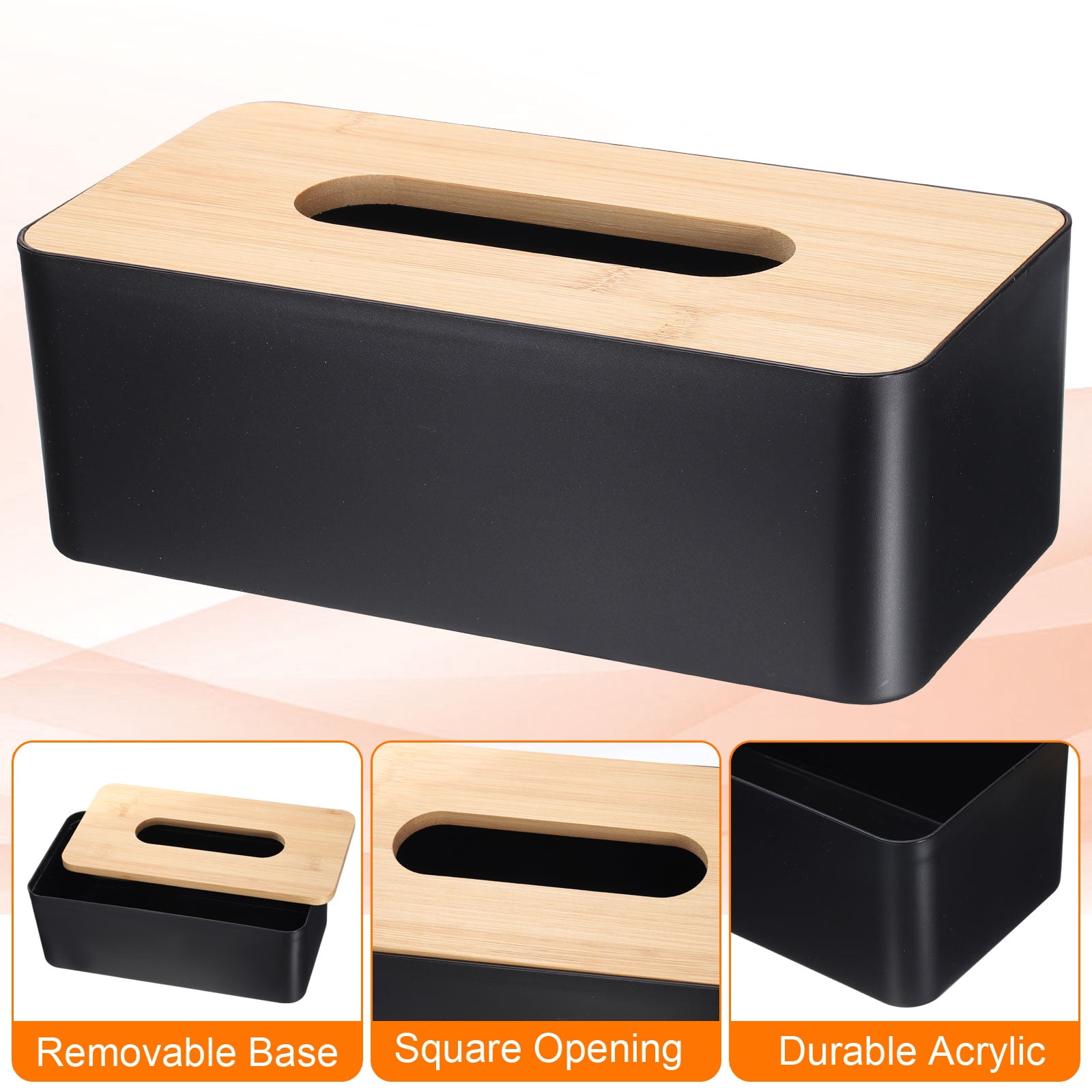 Unique Bargains Tissue Box Cover Bamboo Lid Square Holder Home Office Black