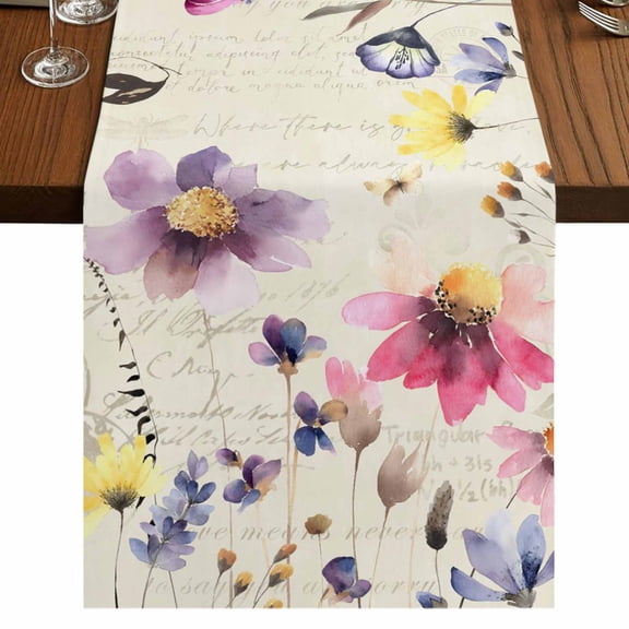 Table Runners 108 Inches Long Dress Scarves, Purple Spring Floral Farmhouse Coffee/Dining/Kitchen Table Runner for Living Room, Vintage Flowers Farmhouse Watercolor 13x108 Inch