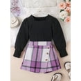 thumbnail image 3 of Pudcoco Kids Girl Fall Outfits Solid Color Square Neck Long Sleeve Tops Buttons Mini Plaid Skirts 2Pcs Clothes Set, 3 of 8