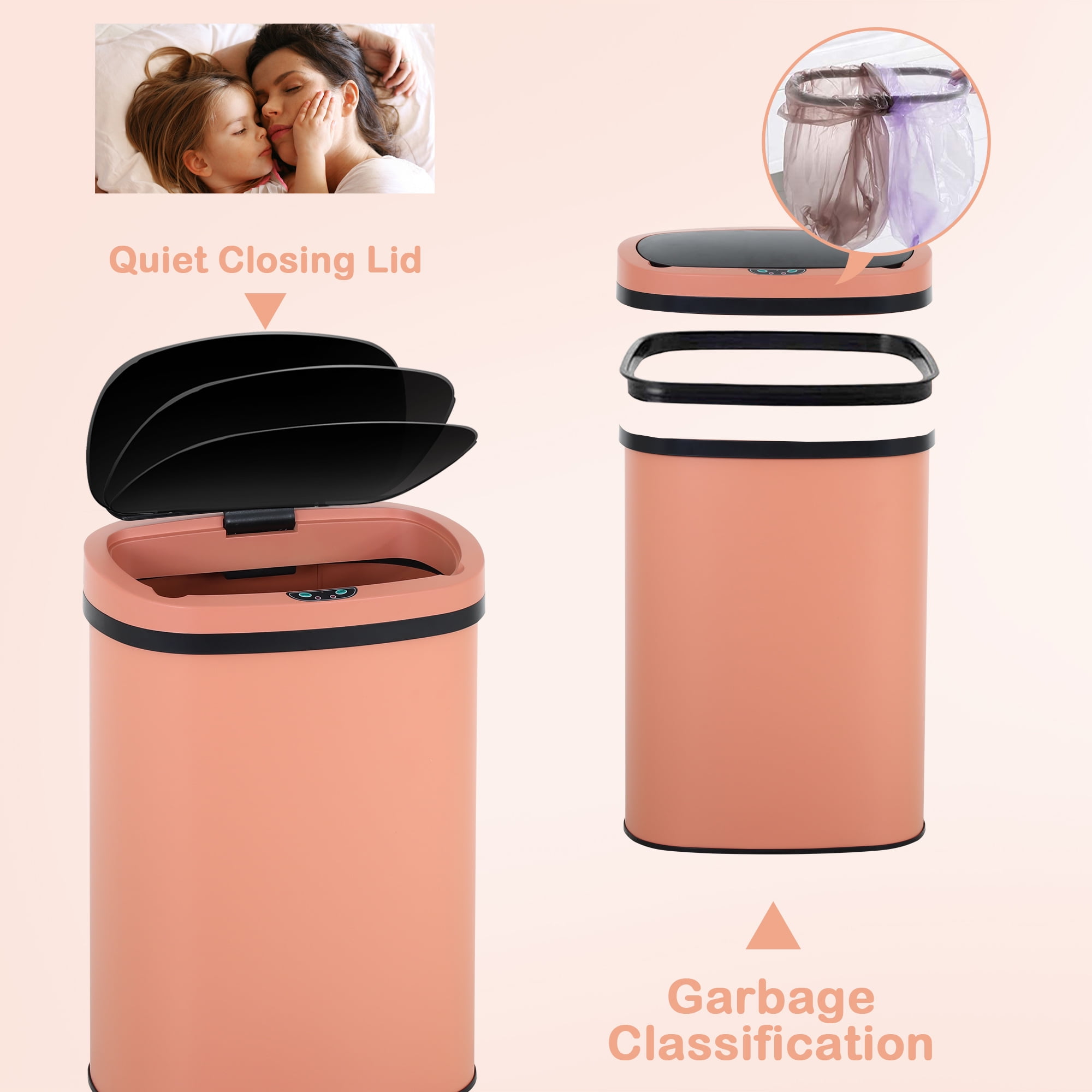 CL.HPAHKL 13 Gallon Kitchen Trash Can with Lid, Stainless Steel Oval Automatic Garbage Can for Home Office Bedroom Living Room Garage, Large Capacity Trash Bin Trashcan, Pink