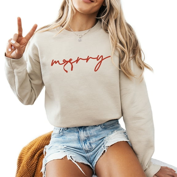 Tied Merry Ribbon Sweatshirt Cute Women Christmas Casual Holiday Gifts Long Sleeve Graphic Shirts Pullover Top