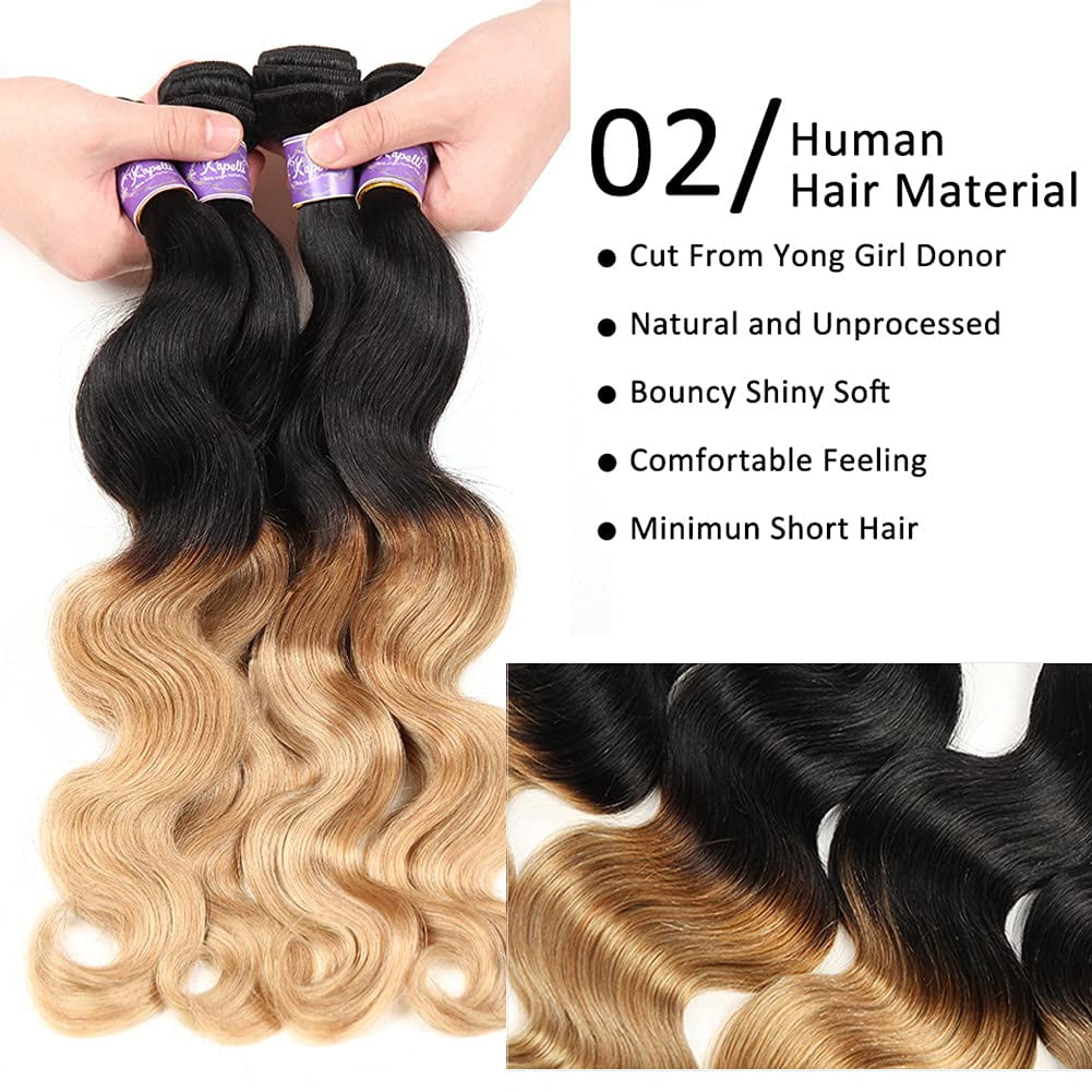 Unique Bargains Ombre Two Tone #1B/27 Color Brazilian 3 Bundles 100% Human Hair 10"12"14"inch