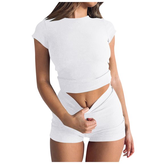 JIAYUE Workout Sets For Women Short Sleeve Crewneck Solid Color Crop Tops With High Waist Shorts Yoga Outfits Streetwear Female Trendy Clothing Set