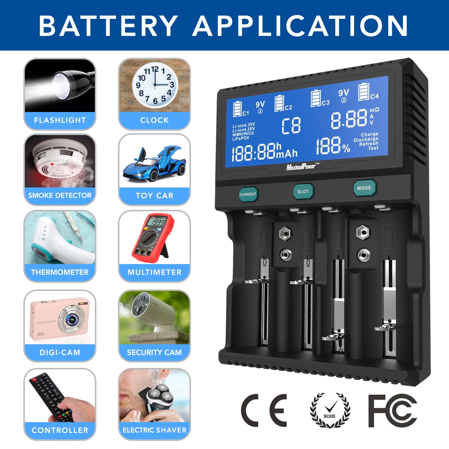 MaximalPower Universal Smart Battery Charger with Smart LCD Display for Rechargeable 9V AA AAA C D 26650 Batteries Li-ion Ni-MH - 6 Bay (2x 9V Battery Bays and 4x Universal Bays)
