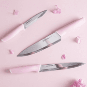 Astercook Knife Set, 14 Pieces Kitchen Knives Set with Block & Built-in Sharpener, German Stainless Steel Knives with Ergonomic Handles, Sharp & Rust Resistant Dishwasher Safe Pink