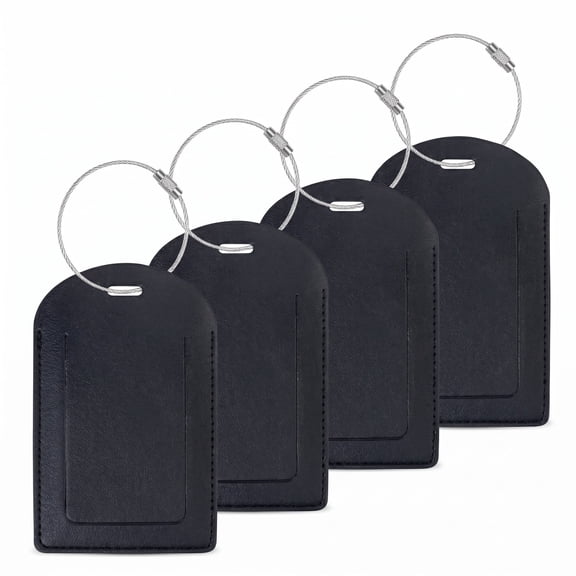 4 Pack Black PU Leather TSA Approved Luggage Tags, Privacy Cover Name Labels with Steel Wire Loop for Suitcase Backpack Travel Bag