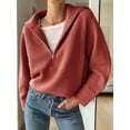 thumbnail image 4 of Womens Quarter Zip Pullover V Neck Collar Long Sleeve Ribbed Knit Loose Casual Winter Fall Sweater Copper Red L, 4 of 9