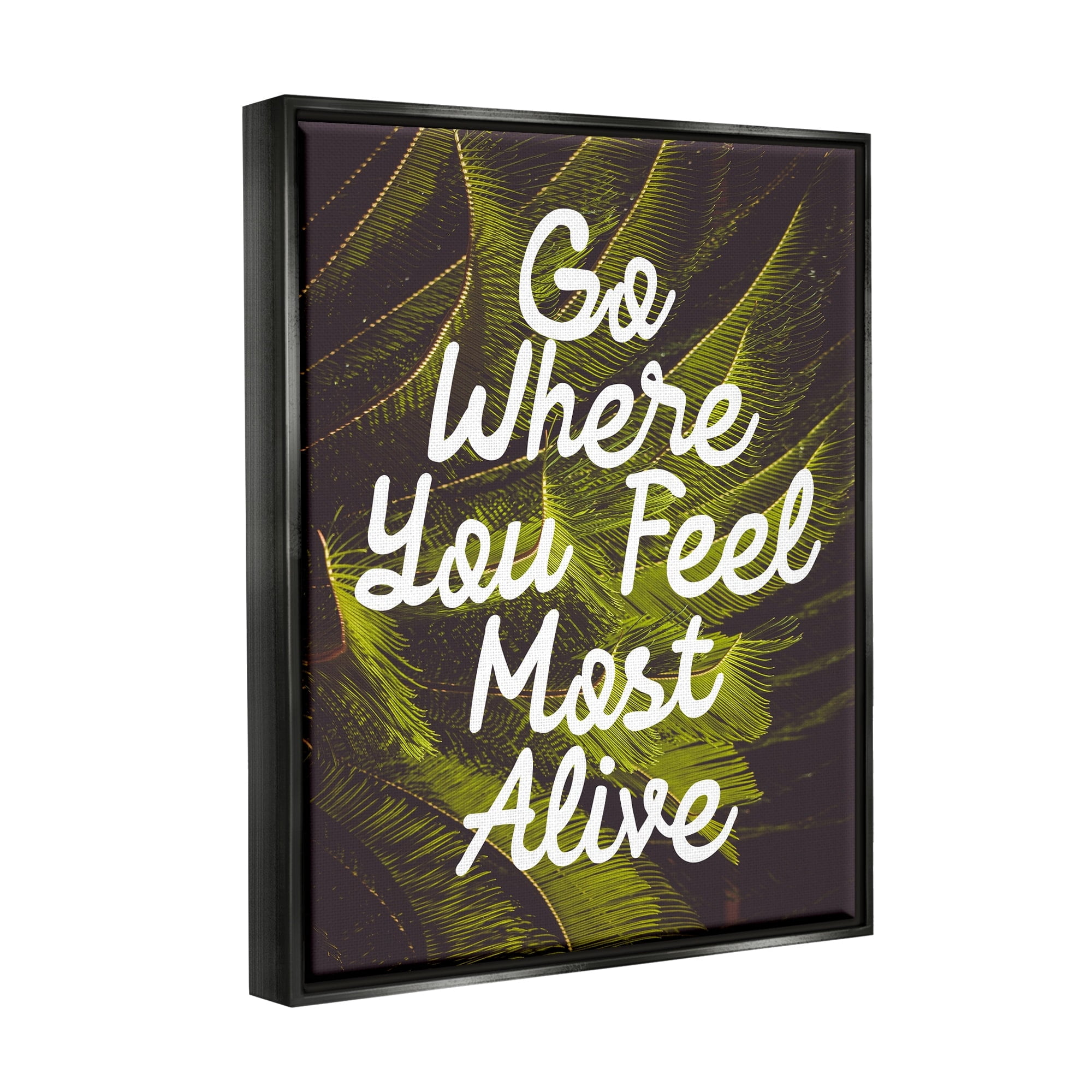 Stupell Industries Encouraging Life Calligraphy Quote Botanical Plant Leaf Graphic Art Jet Black Floating Framed Canvas Print Wall Art, Design by Daphne Polselli