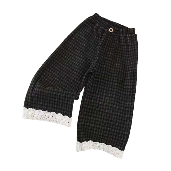 vdgthytj Wide Leg Pants for Girls Lace Patchwork Loose Elastic High Waist Fashion Plaid Casual Trousers(1-2Years,Black1)