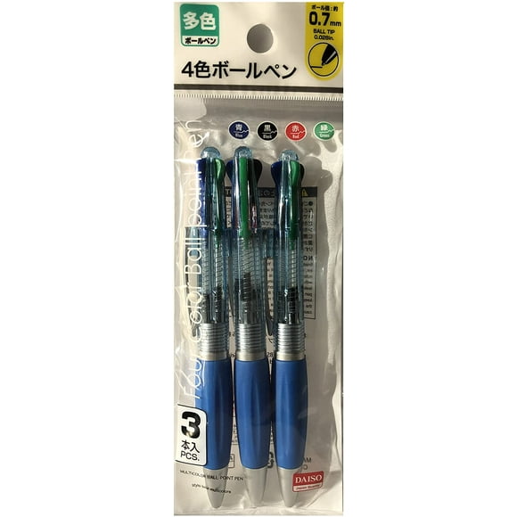Daiso Japan 4-Color Ballpoint Pen 0.7mm, Set of 3, Blue