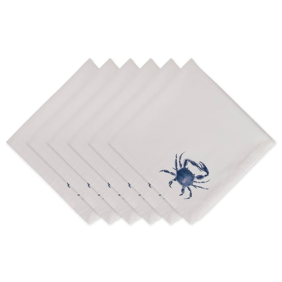 Contemporary Home Living Set of 6 20" x 20" Blue and White Crab Printed Tonal Fringe Napkins