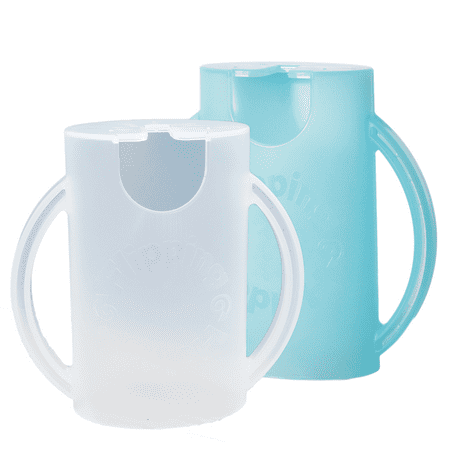 Flipping Holder 2-pack (White/Blue) Squeeze-Proof Mess-Free Holder for Food Pouches, Juice Boxes, and Juice Pouches MADE IN USA