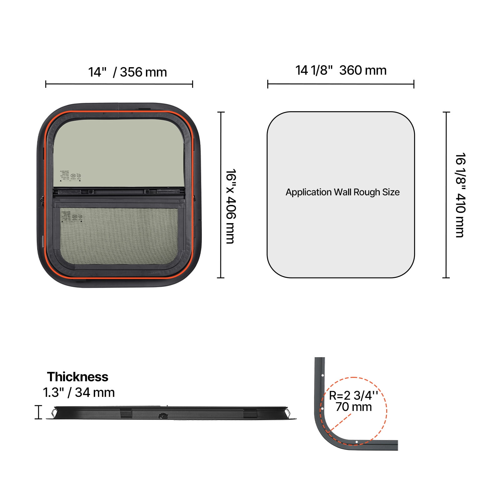 KFFKFF Upright RV Window, Dimensions 14" W x 16" H, Shaded Sliding RV Window with Mesh Screen & Decorative Ring, Suitable for 15/16" - 1 3/4" Wall Thickness, RV Window, DOT Certified