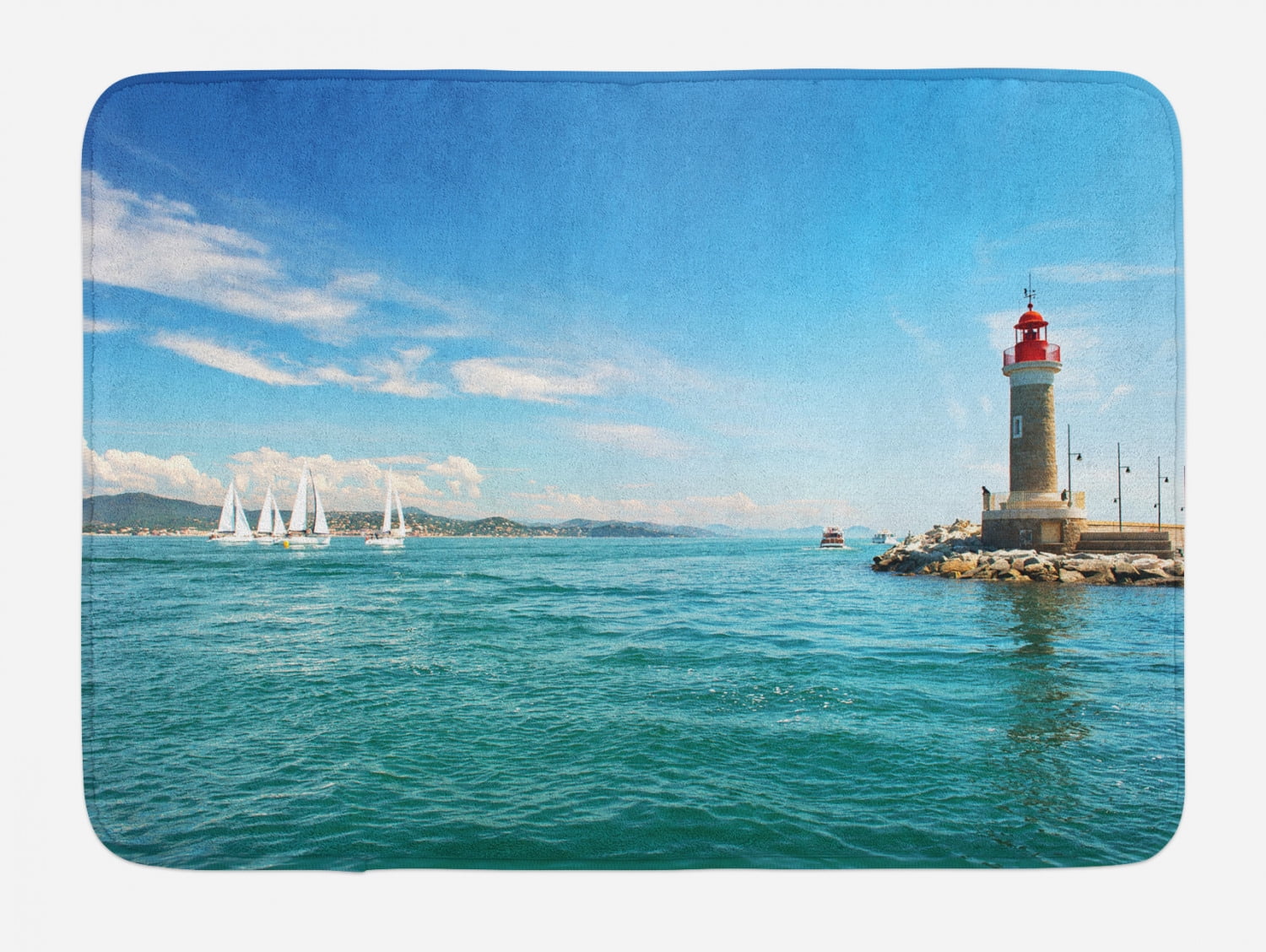 Lighthouse Bath Mat, Day by the Seaside Sailboats Lighthouse Rocks ...