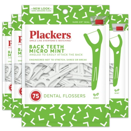 Plackers Back Teeth Micro Mint Dental Flossers, Provides Easy Access for Back Teeth, Built-in Protected Pick, Easy Storage, Delicious Mint Flavor, 75 Count (Pack of 4)