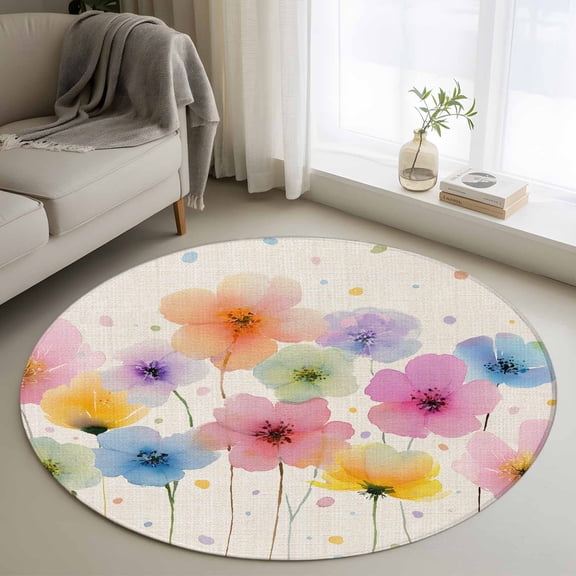 Watercolor Colorful Floral Round Area Rug 3Ft Washable Small Circle Rugs for Kitchen Entryway, Spring Summer Flowers Non-Slip Carpet Floor Mats Indoor Outdoor Carpet Runner Aesthetic Home Decor