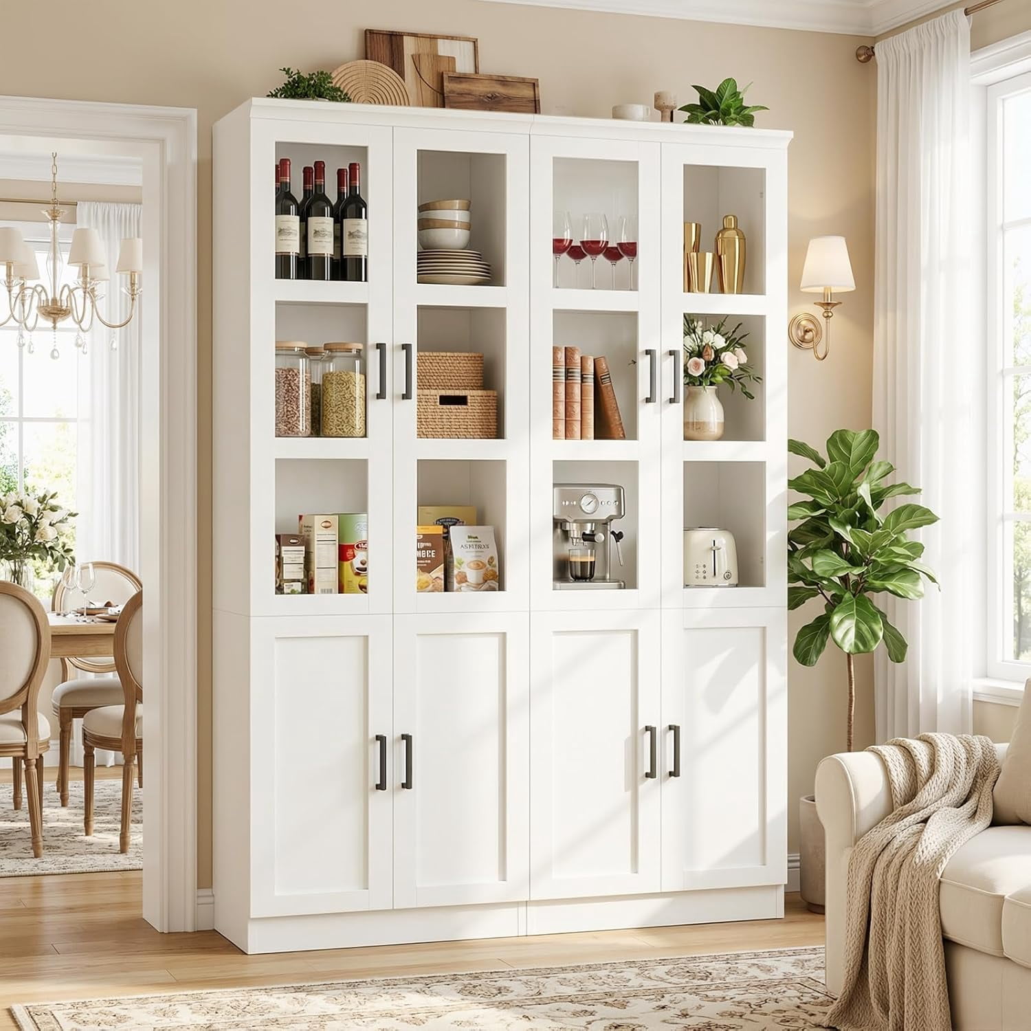 Homieasy 47.2'' Pantry Storage Cabinet 2-Piece Set, 79.7'' Tall Freestanding Kitchen Storage Cabinet with Glass Doors and Adjustable Shelves, Off-White