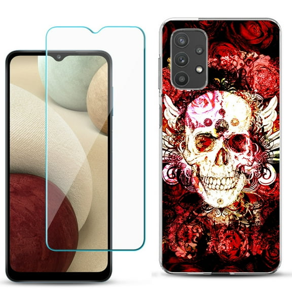 Slim-Fit TPU Phone Case compatible with Samsung Galaxy A32 5G, with Tempered Glass Screen Protector, by OneToughShield ® - Rose Skull