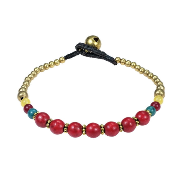 Tribal Inspired Round Reconstructed Red Coral & Brass Beads Toggle Bracelet