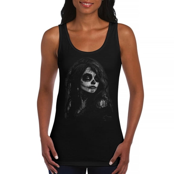 Web Sugar Skull Women's Tank Top Black White Monochrome Gothic Beauty Elegant Day of the Dead Dia de Los Muertos