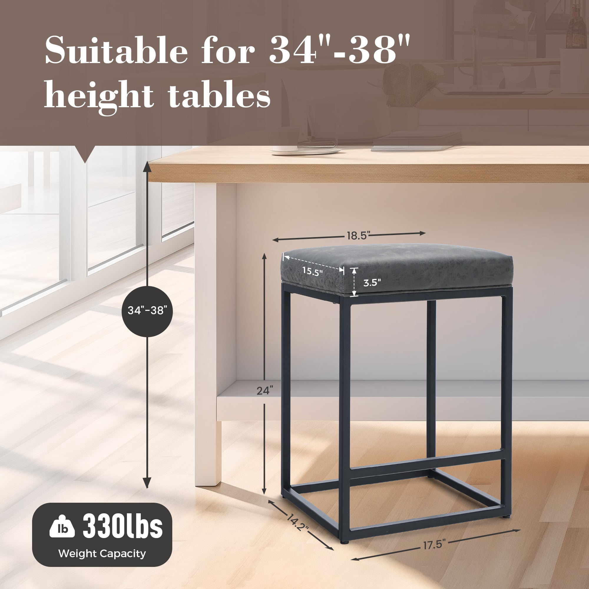 SUMMIT LIVING 24" Counter Height Bar Stool Set of 4, Upholstered Faux Leather Backless Counter Stool for Kitchen Island, Gray