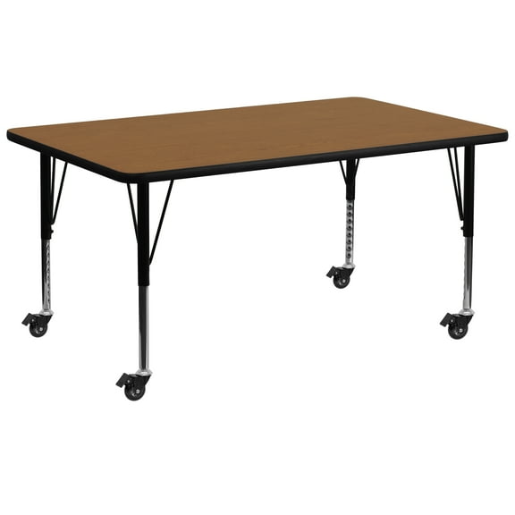 Flash Furniture Wren Mobile 30''W x 72''L Rectangular Oak Thermal Laminate Activity Table - Height Adjustable Short Legs