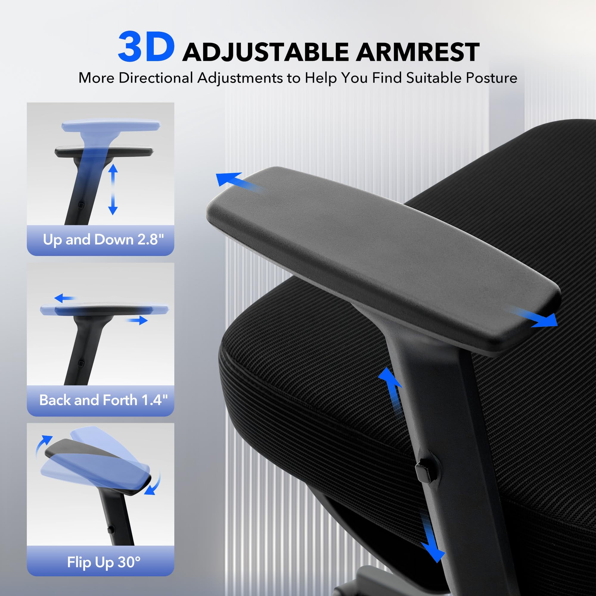 Ergonomic High-Back Mesh Office Chair – Adjustable Lumbar, 3D Armrests, Headrest & Recline – Breathable Swivel Desk Chair, Supports 300 lbs – Black Frame & Black, Sprayed Black