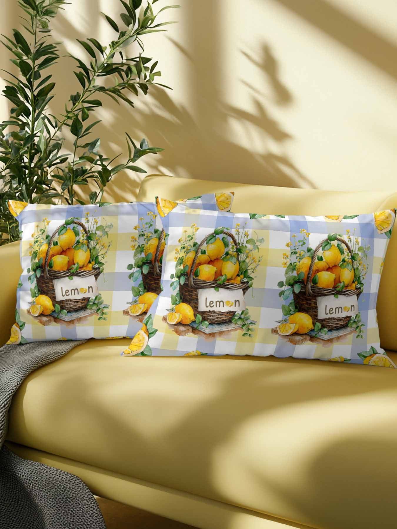 1 Pack Outdoor Pillows Waterproof, Lemon Basket Summer Indoor/Outdoor Throw Pillows with Inserts, Eucalyptus Blue Yellow Plaid Decorative Pillow for Patio Furniture Chairs Couch