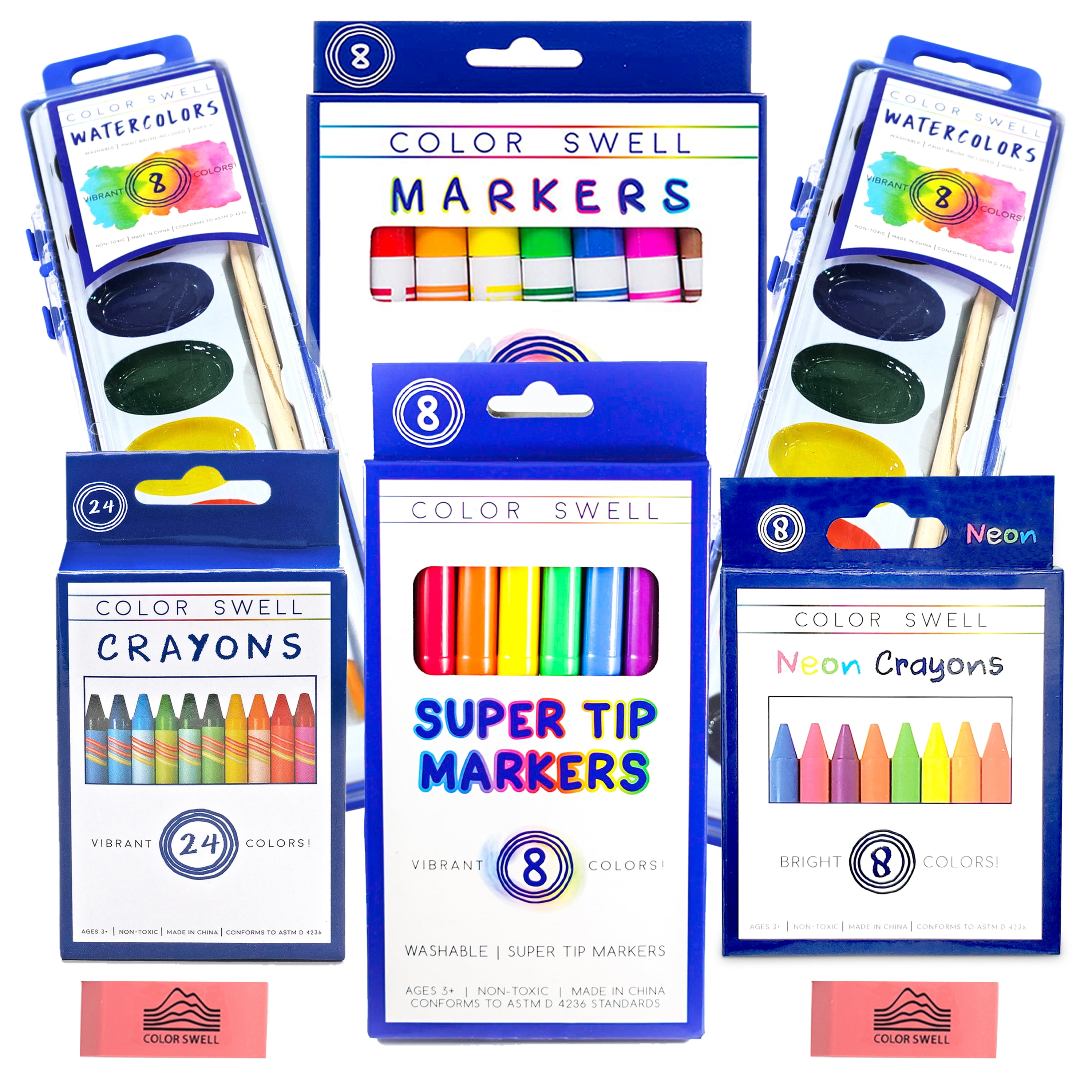 Color Swell School Art Supply Pack - Watercolors, Markers, Crayons, Erasers