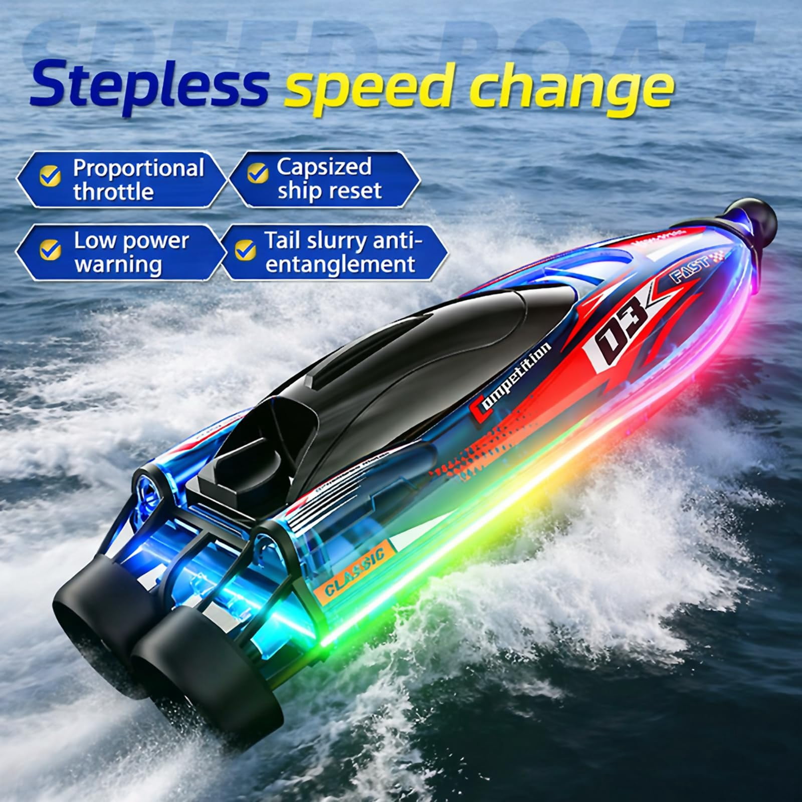 S25 High Speed RC Boat with Dual Brushless Motors, Waterproof LED Light Remote Control Boat for Pool & Lake, 80m Range, Self-Righting Design