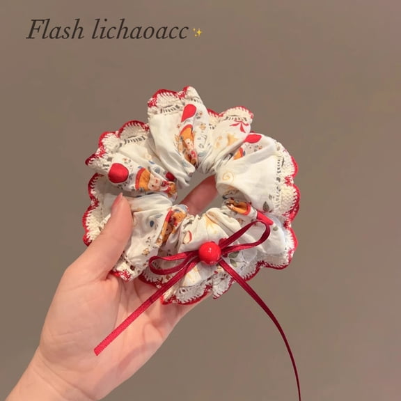 Sweet red ribbon bow lace large intestine hair band handmade fabric little girl girl ponytail hair rope new