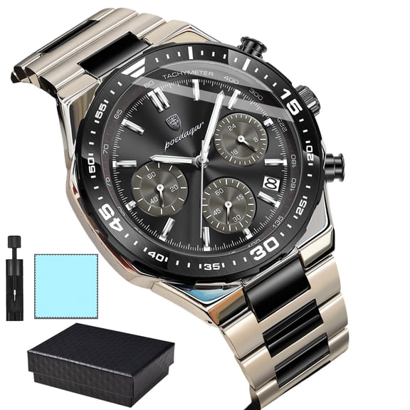 POEDAGAR Luxury Mens Stainless Steel Wrist Watch Luminous Chronograph Calendar Sport Waterproof Quartz Watch For Daily Wear