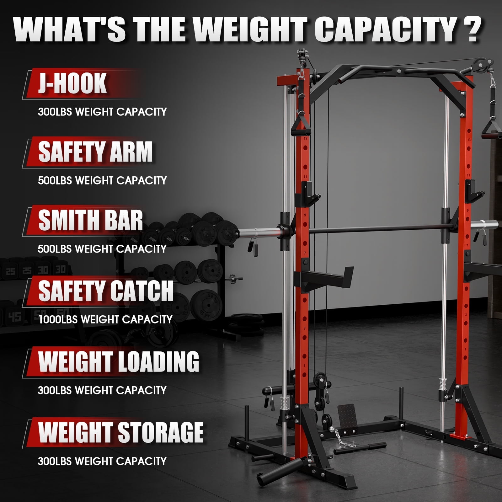 Mikolo Compact 7-IN-1 Smith Machine With Cable Crossover System, 1000LBS Multi-Functional Squat Rack, Workout Station with Weight Bar, Bend Peg and 18 pcs aluminum pulleys