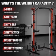 Mikolo Compact 7-IN-1 Smith Machine With Cable Crossover System, 1000LBS Multi-Functional Squat Rack, Workout Station with Weight Bar, Bend Peg and 18 pcs aluminum pulleys
