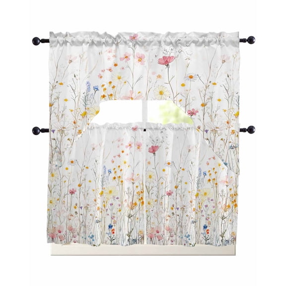 Spring Wildflowers Swag Kitchen Curtains Sets for Windows 24 Inch Length, Pastoral Rustic Farmhouse Botanical Short Window Curtain Panels Swags Valances and Tiers 3 Piece Set for Cafe/Dining Room