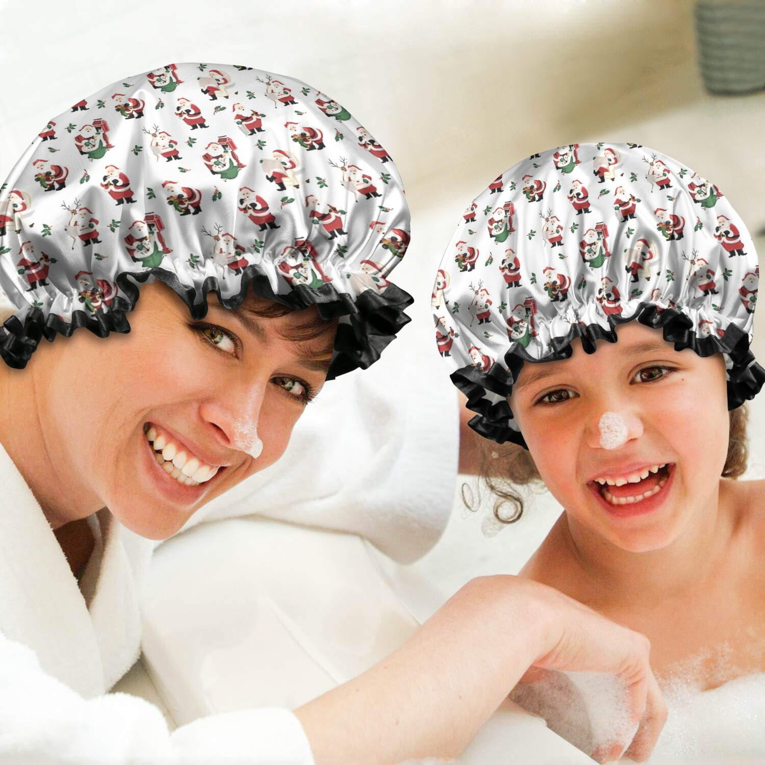 Shower Caps,White Christmas Santa Pattern Waterproof Shower Cap for Women 4 Pieces,Double Reusable Hair Cover for Shower PEVA Elastic Stretch Hem