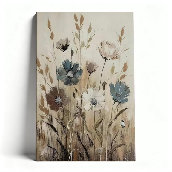 Muted Wildflower Bouquet Canvas Wall Art, Rustic Floral Decor, Textured Botanical Artwork For Living Room, Ready To Hang