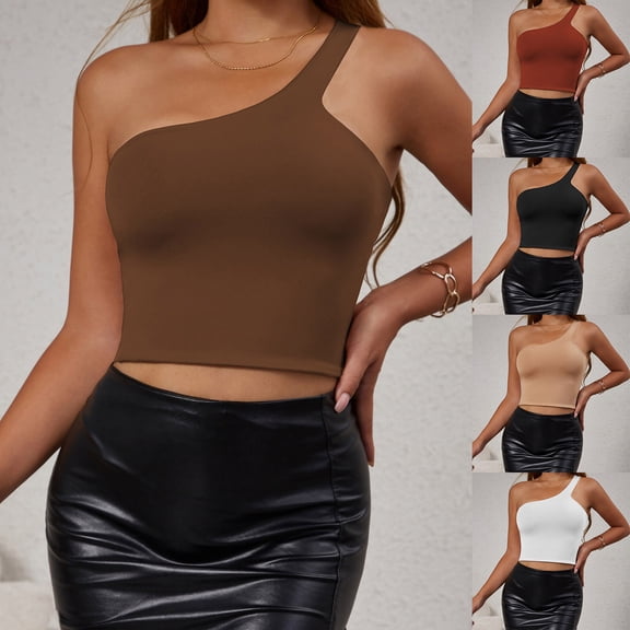 YHAJDS Womens Camisole Ribbed Tank Tops for Women Solid Color Round Neck One Shoulder Sleeveless Fitted