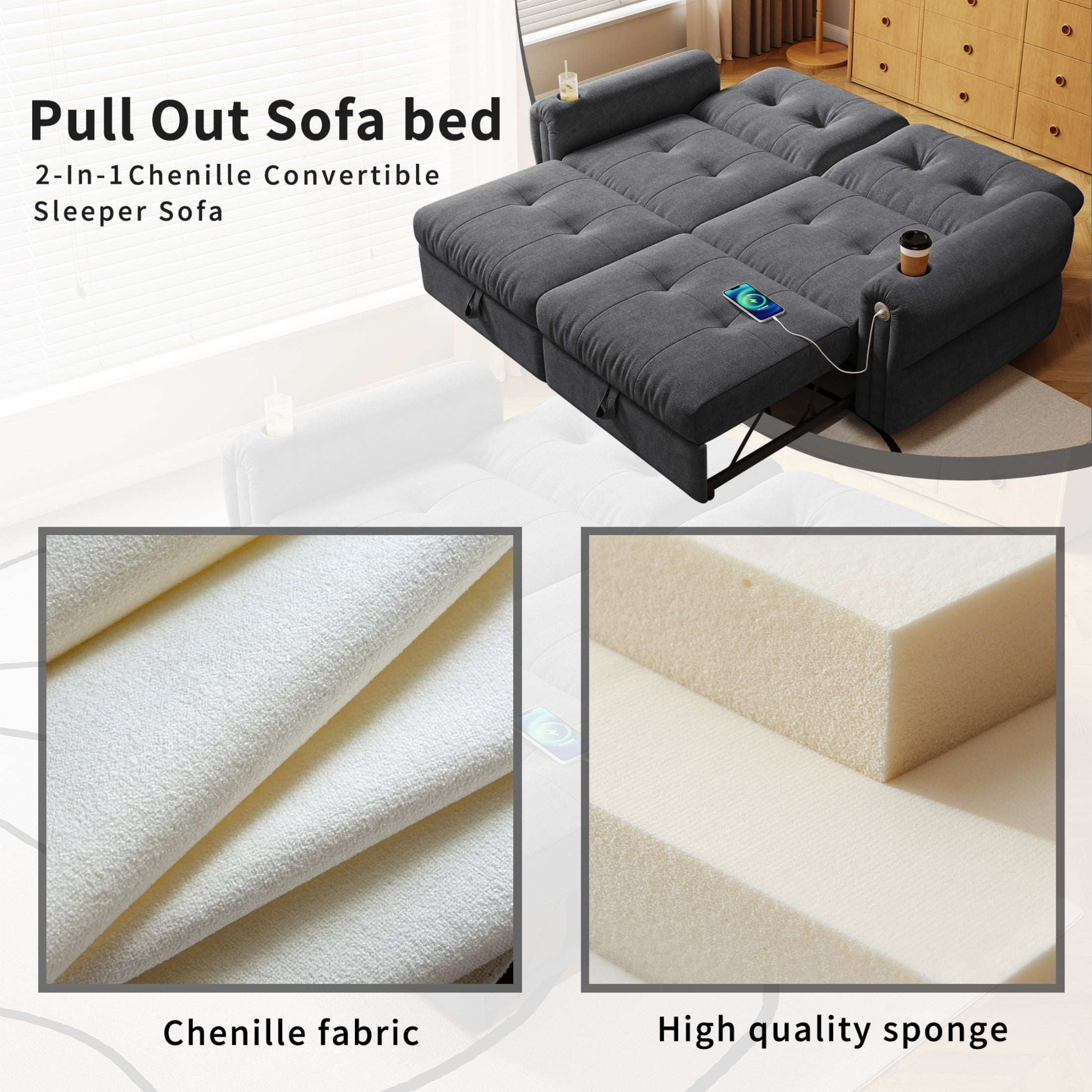 77" Queen Size Sofa Bed, Loveseat Sleeper Sofa with Pull Out Bed and USB, 2 Seater Convertible Small Couch for Living Room Bedroom Apartment (Dark Grey, Chenille)