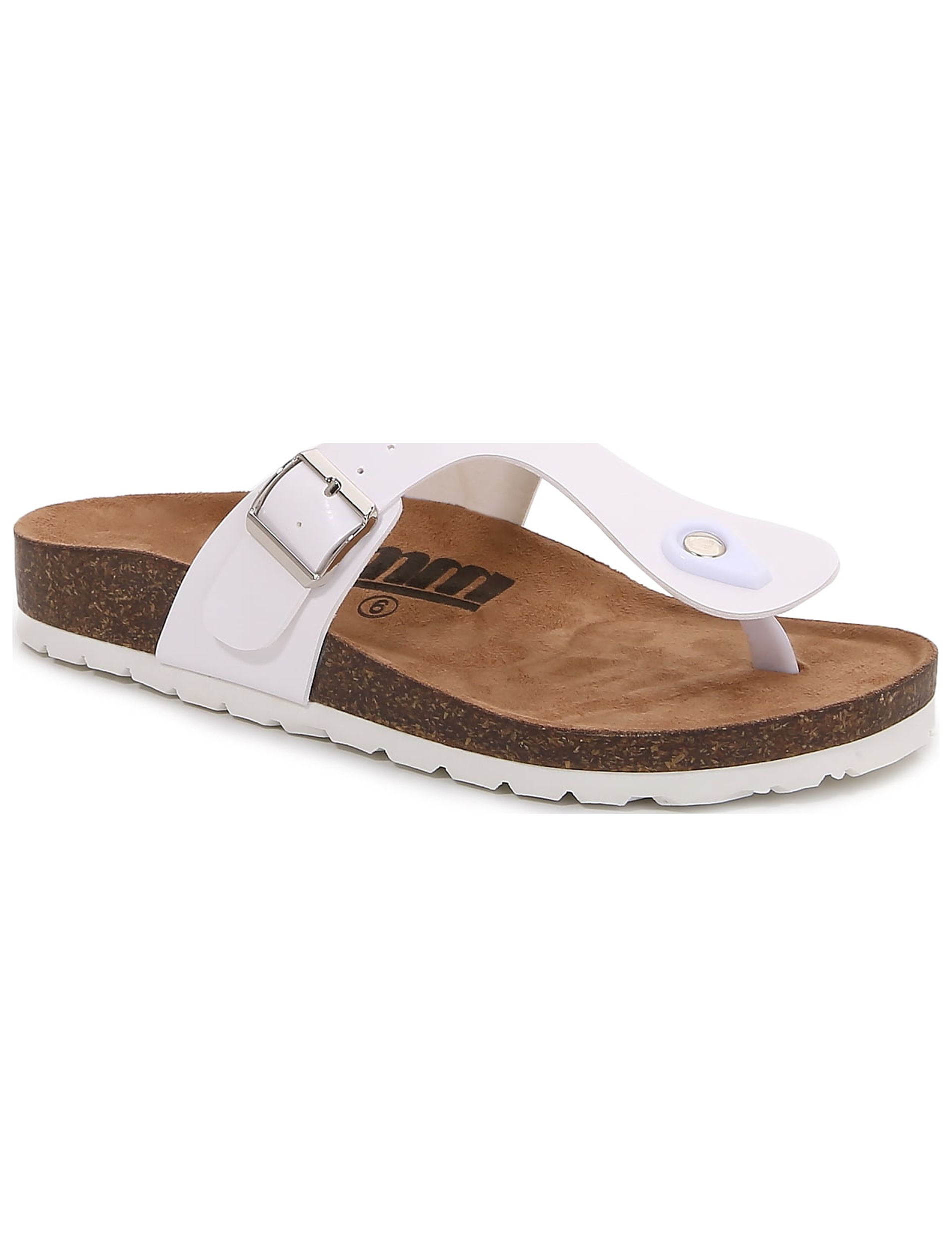 Women Soft Cork Footbed PU Leather Hook and Loop T Strap Flip Flops (PU White / 8 )