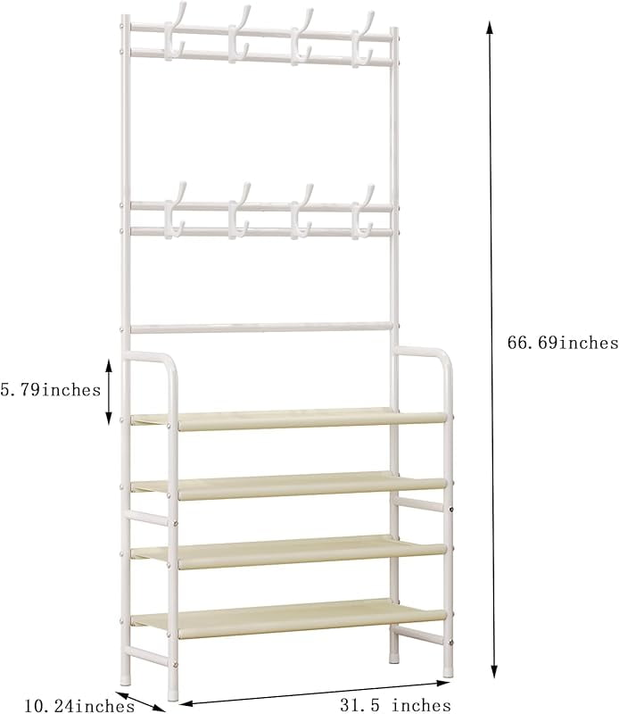 Coat Rack Shoe Rack With Storage Shelf Freestanding with 8 Hooks for Entryway Bedroom Closet (White, 4Tiers)