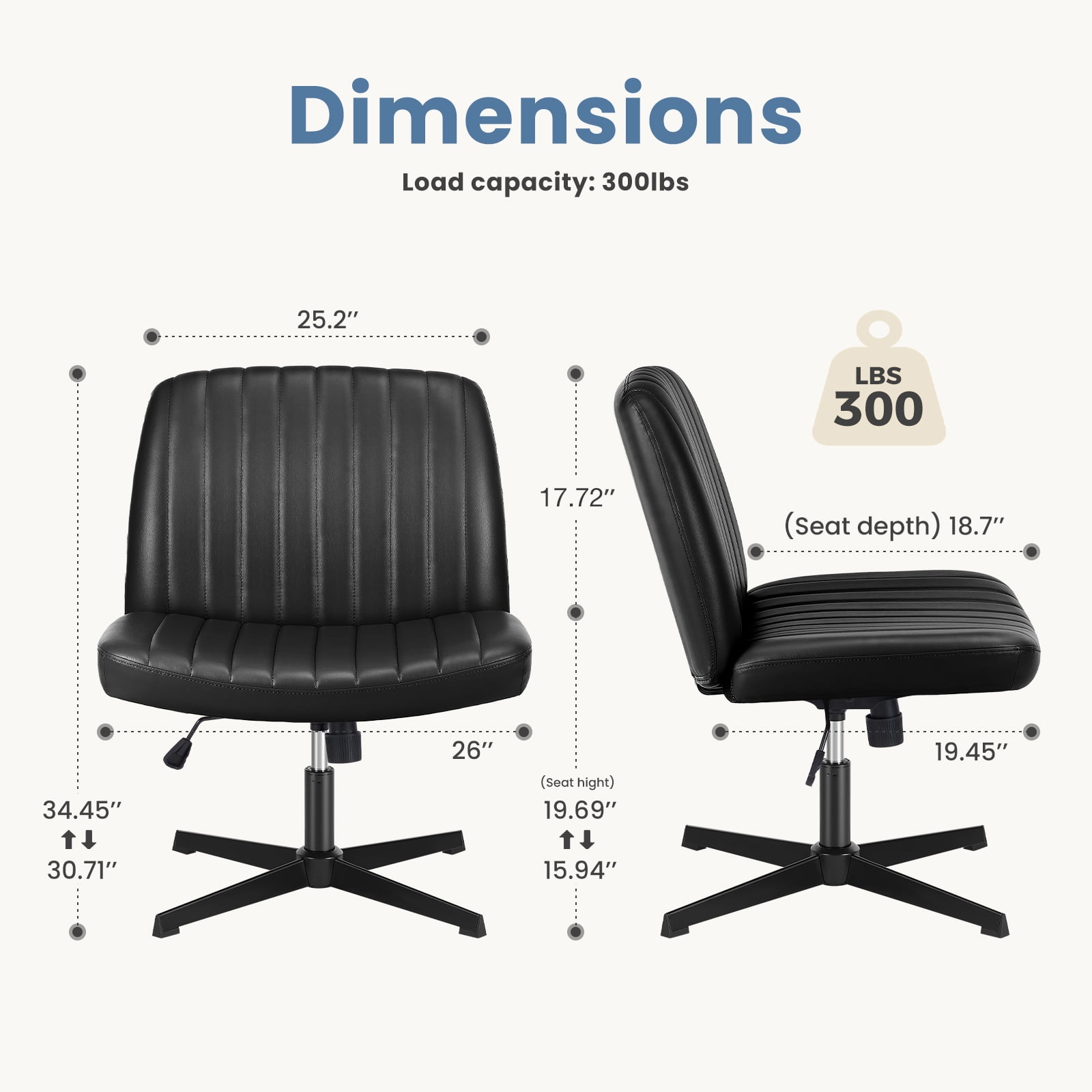 EDX Armless PU Leather Office Chairs no wheels, Adjustable Swivel Cross Criss Vanity Chairs, Black