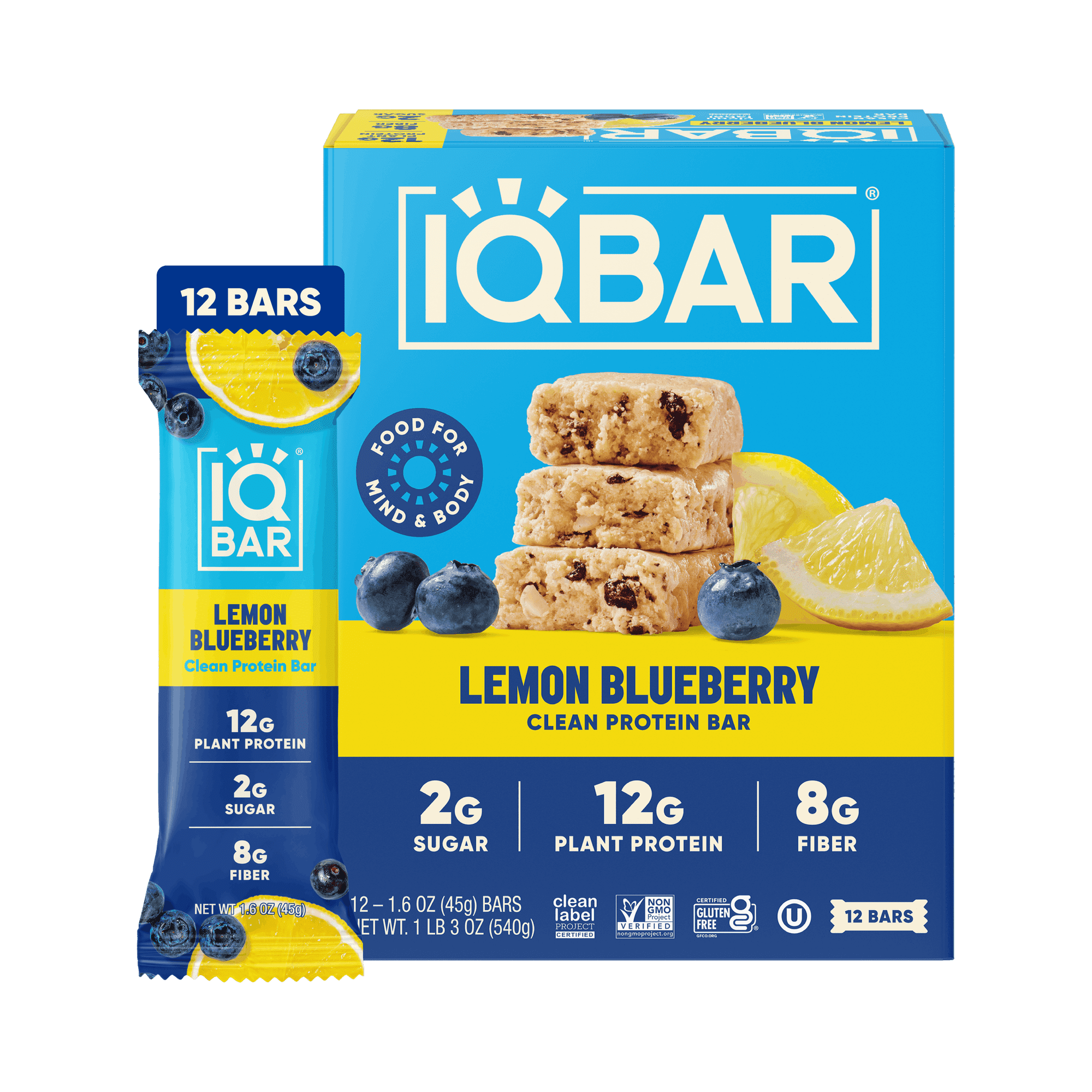 IQBAR Clean Plant Protein Bars - Lemon Blueberry - 12 Count - Keto, Vegan, High Fiber, Gluten and Dairy Free, Low Sugar Snack
