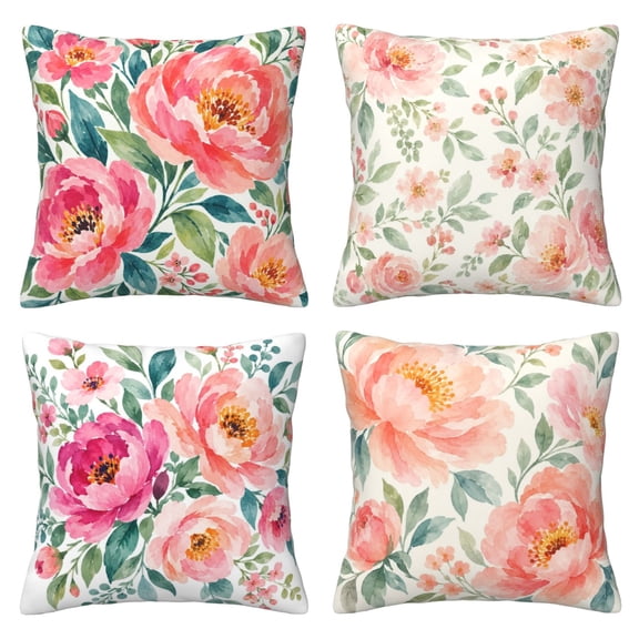 4 Pack Throw Pillow Covers 18x18 Inch, Coral Pink Floral Decorative Pillow Cases, Soft Short Plush Square Cushion Covers for Couch Sofa, Living Room Bedroom Spring Floral Home Decor