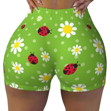 Workout Shorts Women  Daisies And Ladybugs Biker Shorts for Women Running Gym Spandex Shorts Tummy Control