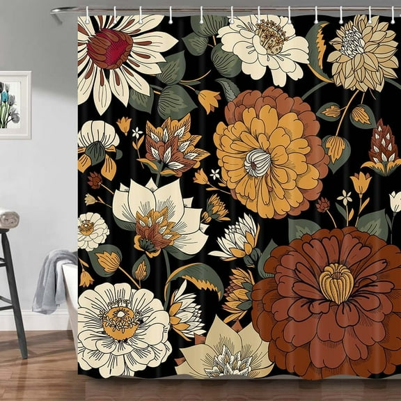 Boho Floral Botanical Shower Curtain, Mid Century Morden Abstract Bohemian Flowers Tropical Leaves Bathroom Curtain, Waterproof Fabric Bathroom Accessories with Hooks 72X72in